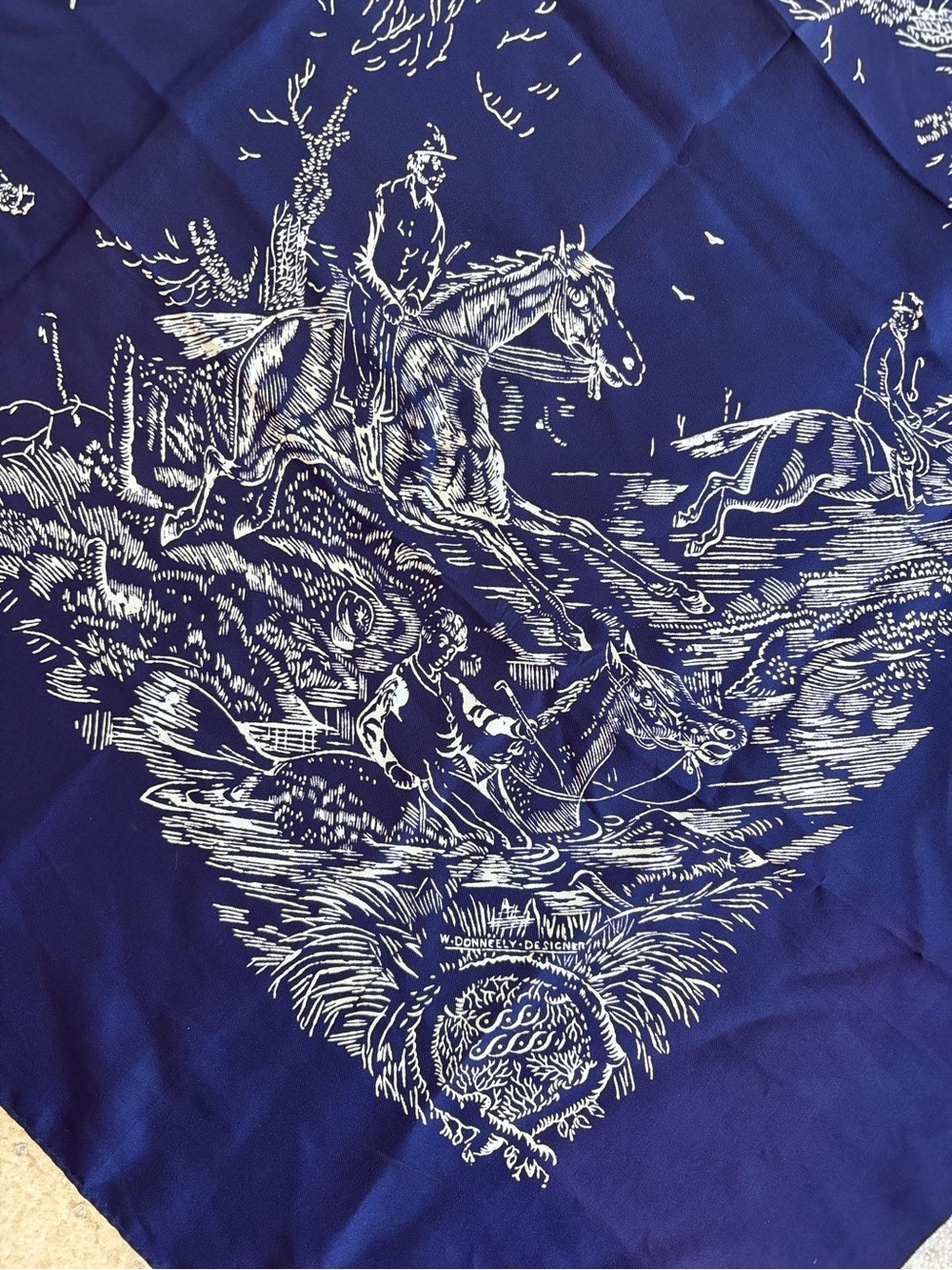 Vintage The White House SF Made in England Equestrian Fox Hunt Navy Satin Scarf